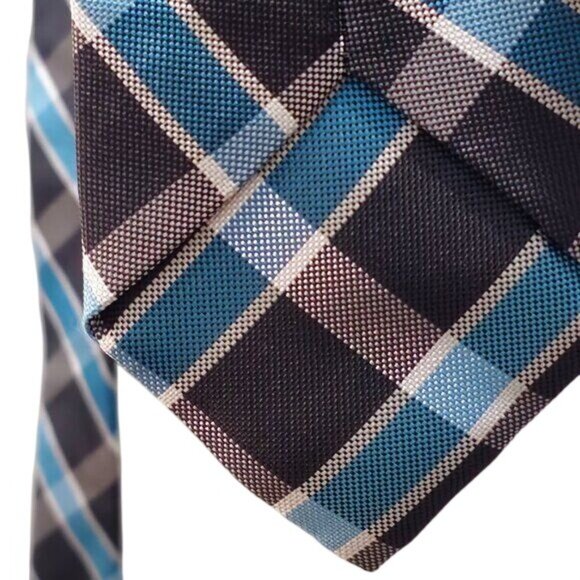 Men's Plaid Tie Blue Black Gray Diagonal Striped Skinny Neck Accessory - Picture 4 of 7